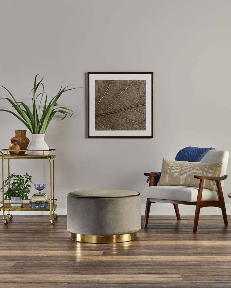 A living room that includes a hardwood floor, as well as a chair, an ottoman, and even a small table stand that is holding a couple of potted plants.