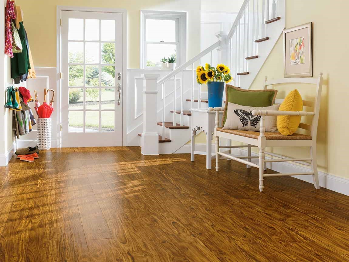 bright open home entrance with staircase and hardwood flooring