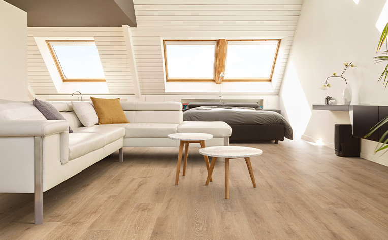 vinyl living room with white couch